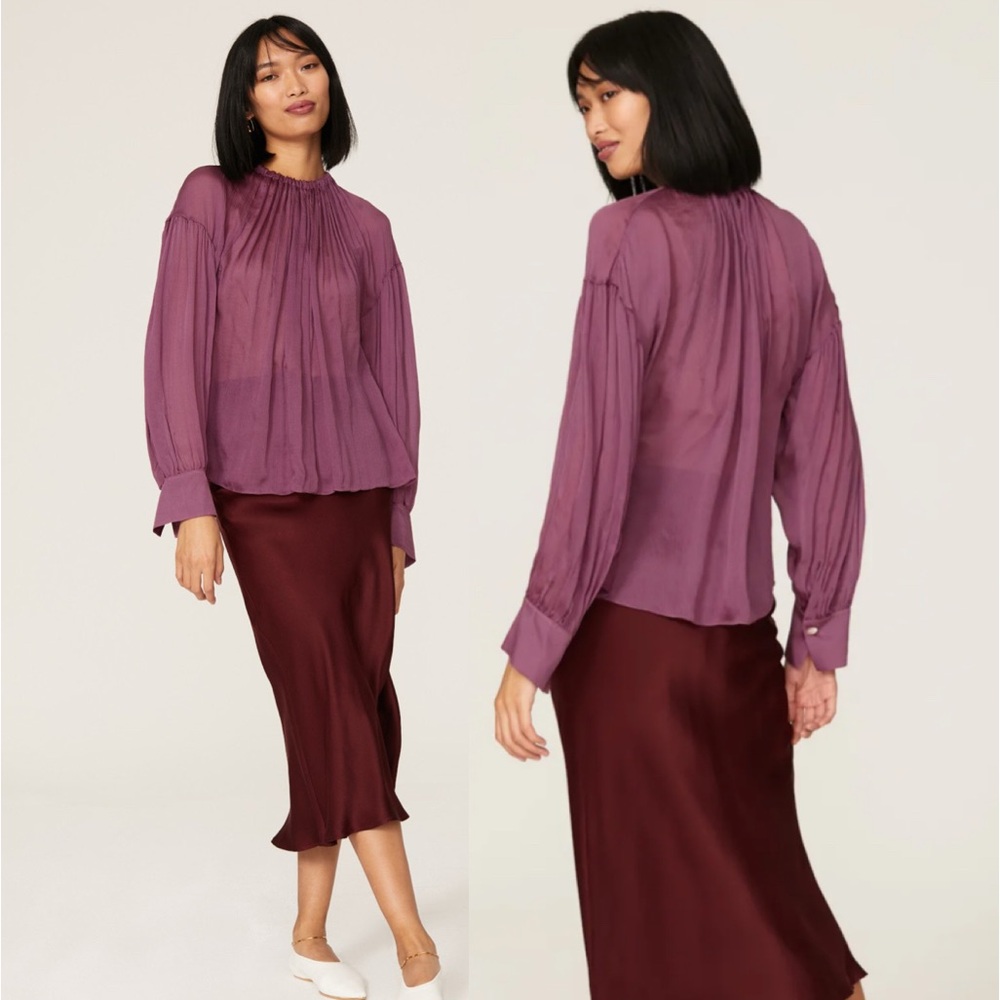 VINCE NWT $495 100% SILK LONG SLEEVE SHIRRED NECK CRINKLED BLOUSE CAMELIA XS